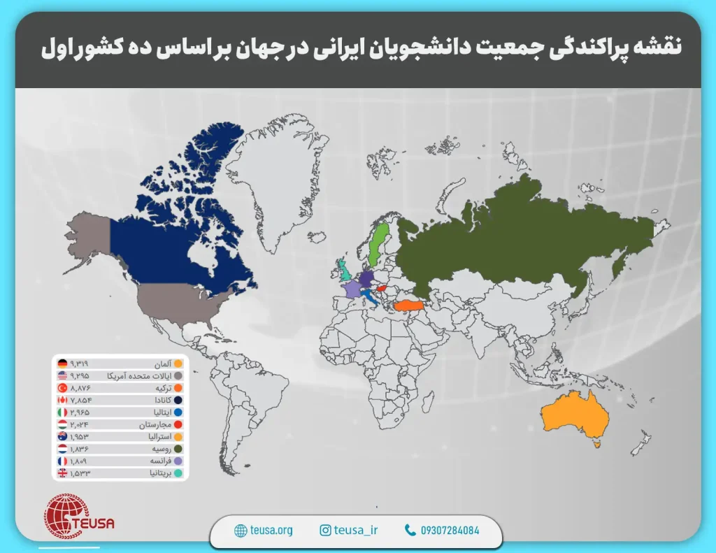 نقشه پراكندگی جمعيت دانشجويان ايرانی در جهان بر اساس ده كشور اول